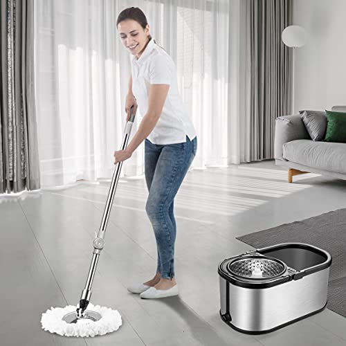 Spin Mop Bucket System Stainless Steel Bucket and Mop Set with 6 Microfiber Replacement Head Refills, Floor Mop with 4 Wheel