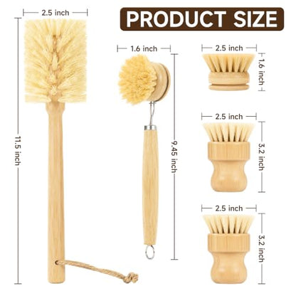 SAMEBUTECO 5 Piece Bamboo Dish Brush Set,11.5’’ Long Handle Bottle Brush with Sisal Bristles, 3 Pot Brushes,1 Replaceable Heads, Natural Kitchen Brush for Pot,Pans,Sink,Vegetables