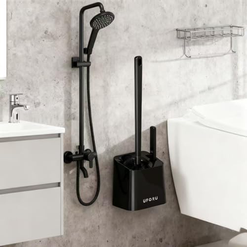 Wall-Mounted Toilet Brush Set，Installs On Floors Or Walls Without Drilling，Features a Compact,Drip-Proof Base for Deep Cleaning Inside The Toilet Bowl (Black)