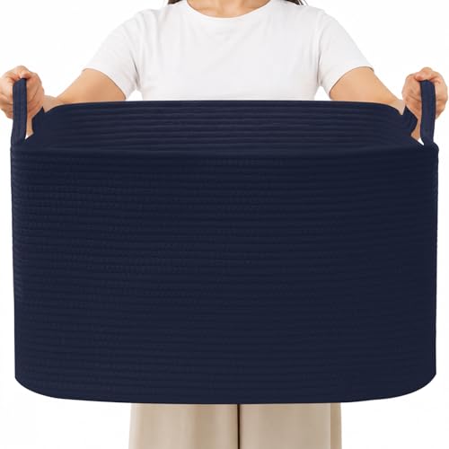 Large Blanket Basket,Woven Rope Basket Storage Bin with Handles,65L Rectangle Laundry Basket for Magazines,Toys,Clothes,Newspaper Shelf Organization,Nursery and Living Room,Navy - color: Navy, size: 21"x16"x12"(65L)