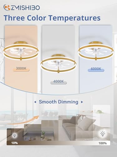ZMISHIBO Ceiling Fans with Lights and Remote, 19.7'' Low Profile Ceiling Fan, 3000-6000K Dimmable Modern Flush Mount LED Fan Light, 6 Wind Speeds, Gold Fandelier Ceiling Fans for Bedroom - color: Gold, size: 19.7 INCH