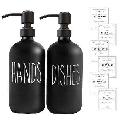 Sunrise Premium 16 OZ Thick Black Glass Soap Dispenser, Matte Black Stainless Steel Pump 2 Pack, Hand and Dish Soap Dispenser Set for Bathroom with 6 Waterproof Labels - color: Matte Black Stainless Steel Pump - Black Glass