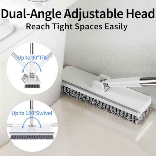 Floor Scrub Brush with 55" Long Handle, 2-in-1 Floor Brush with Built-in Squeegee, Adjustable Angle Head and Stiff Bristles for Tile, Wood, Concrete & Textured Floor Cleaning