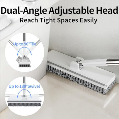 Floor Scrub Brush with 55" Long Handle, 2-in-1 Floor Brush with Built-in Squeegee, Adjustable Angle Head and Stiff Bristles for Tile, Wood, Concrete & Textured Floor Cleaning