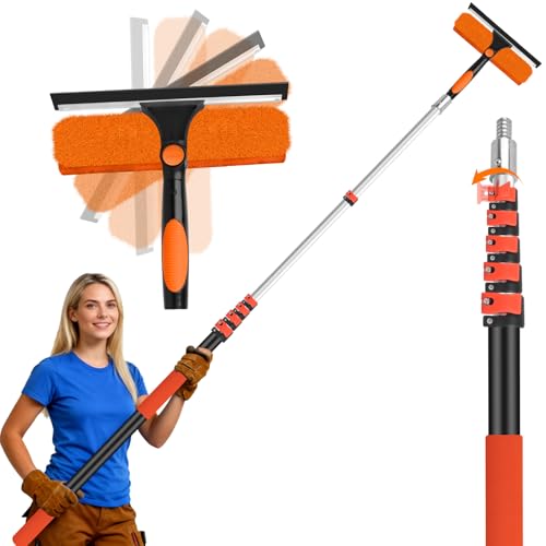 30FT Telescoping Window Squeegee Kit | 2-in-1 Professional Window Washer & Microfiber Scrubber with Extension Pole | High Reach Cleaning Tool for Outdoor, Indoor Windows & Glass - size: 24FT