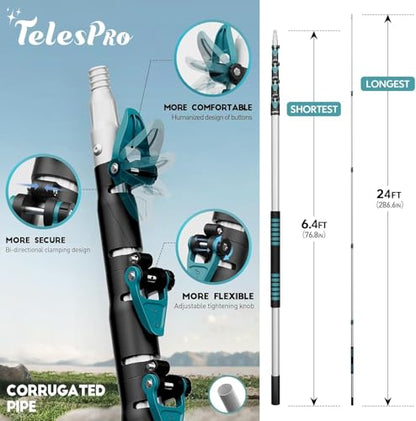 TelesPro 30 Foot High-Reach Duster Kit with 6-24FT Extendable Pole - High Ceiling Duster Cleaning Kit with Telescopic Pole,Cobweb Duster, Chenille Ceiling Fan Duster, Microfiber Feather Duster - size: 24 FT