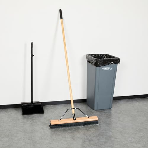 Restaurantware-Clean Tek Professional 24 Inch Push Broom, 1 Heavy-Duty Broom with 60” Handle - Medium Plastic Bristles, Durable, Wooden, Commercial Use, for Deck, Driveway, Garage, Yard, Patio