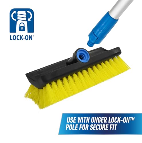 Unger Professional HydroPower Lock-On 10” Bi-Level Scrub Brush, Cleaning Supplies, Scrubber Tool, Compatible with Waterflow Poles, Use in Garage, Driveway, Deck, Concrete, Cement, and Brick - size: 10 inches (Pack of 1), style: Multi-Angle Scrub Brush