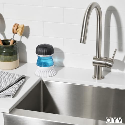 OYV Dish Scrub Brush with Soap Dispenser, Kitchen Brush for Dish Pot Pan Sink Cleaning, 1 Piece Soap Dispensing Palm Brush, Black/Clear/White - color: Black/Clear/White