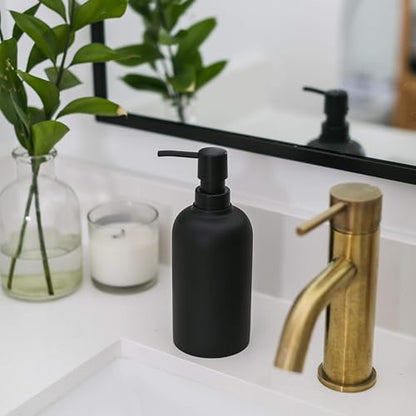 Matte Black Round Soap Dispenser for Kitchen & Bathroom – 15 oz Refillable Resin Pump Bottle for Dish Soap, Hand Soap, Shampoo, Conditioner – Modern Countertop Dispenser with Non-Slip Protective Pads - color: Black, style: Round Soap Dispenser