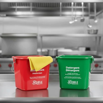 Cleaning Bucket with Handle - 3-Quart Square Sanitizer Bucket - Red & Green Pail for Commercial Sanitizing - Small Bucket for Cleaning Restaurant, Kitchen, Home, Food Service Use (Set of 2)