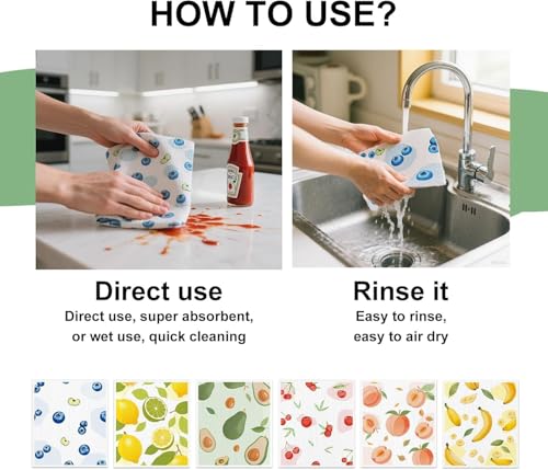 Swedish Dishcloths for Kitchen - 6 Pack Reusable Paper Towels, Non-Scratch Cellulose Cloths, No Odor, Biodegradable Cleaning Cloths - color: Fruits