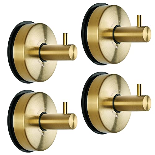 YOHOM Suction Cup Hooks for Shower Gold Towel Holder Stainless Steel Vacuum Bathroom Shower Hook Suction Washcloth Hanger Kitchen Towel Rack for Robe Loofah Wreath Glass Door Window Wall Brushed 4Pcs - color: 4 Gold