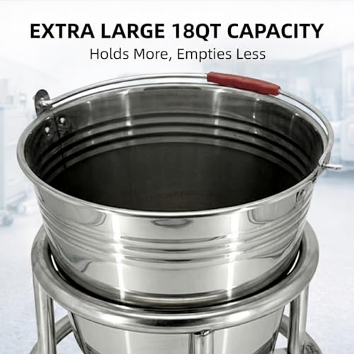 Stainless Steel Kick Bucket with Rolling Stand - Large 18 Quart Capacity, Removable Bason, Quiet Casters, Durable Frame - Ideal for Medical, Surgical, and Cleaning Use