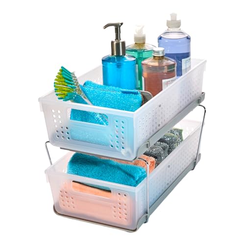 madesmart 2 Tier Bath Organizer,Undersink Storage with Sliding Drawers,for Cleaning Supplies, Pantry, Sponges,Bottles&Kitchen Essentials,Adjustable Dividers&Pull Out Sliding Baskets,Frost, (Pack of 2) - size: 2-Pack