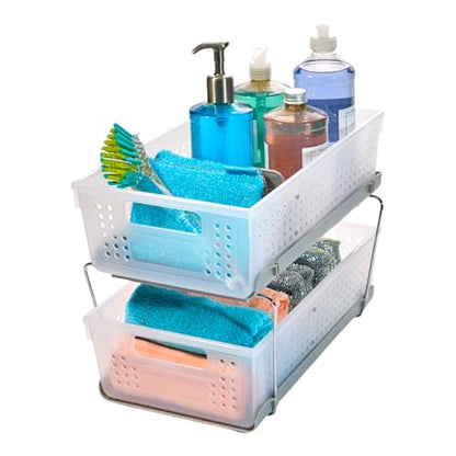madesmart 2 Tier Bath Organizer,Undersink Storage with Sliding Drawers,for Cleaning Supplies, Pantry, Sponges,Bottles&Kitchen Essentials,Adjustable Dividers&Pull Out Sliding Baskets,Frost, (Pack of 2) - size: 2-Pack
