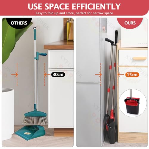 Broom and Dustpan Set with Long Handle, Light Weight Stainless Steel Poles Stand Upright Dustpans with Broom Combo for Home Kitchen Office Pet Dog Hair, Black & Red Color, 1-Pack - color: Red Black