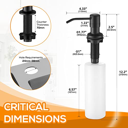 Built in Soap Dispenser for Kitchen Sink Matte Black Stainless Steel Pump Head, Counter Soap Dispenser Refill from The Top with 17 Oz PE Bottle - color: Matte Black