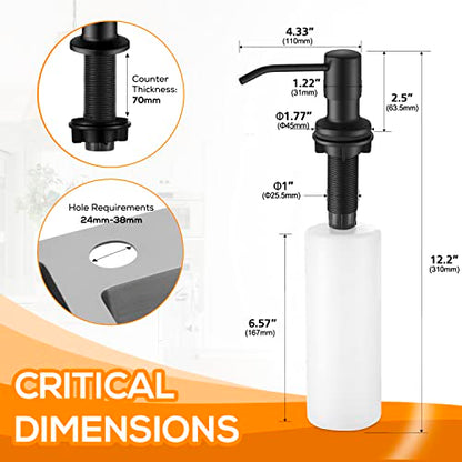 Built in Soap Dispenser for Kitchen Sink Matte Black Stainless Steel Pump Head, Counter Soap Dispenser Refill from The Top with 17 Oz PE Bottle - color: Matte Black