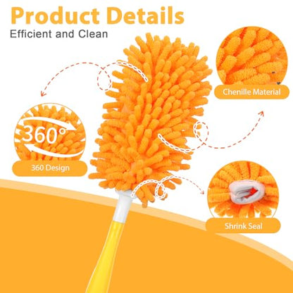 11-Pack Reusable Duster Kit – Heavy Duty Chenille Refills with Handle, 360° Microfiber Dusting for Home & Office (Orange)