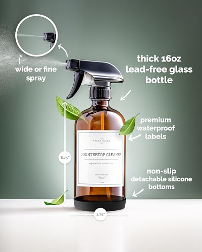 Vine Creations Amber Glass Spray Bottles, 2 Pack Glass Refillable Bottles for Cleaning solutions, 16 oz Spray Bottle for Cleaning, Mister Spray Bottle, Amber Spray Bottles with Waterproof Labels - color: Amber Bottle / Black Nozzle