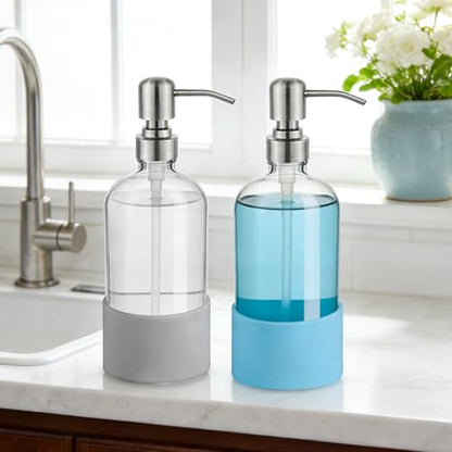 16 oz Hand and Dish Soap Dispenser Set for Kitchen and Bathroom, 500ml Clear Glass Soap Dispenser with Stainless Steel Pump, Non-Slip Silicone Sleeves, Labels - 2 Pack - color: Clear