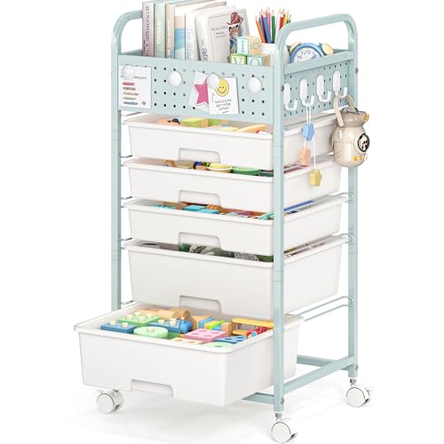 5 Drawer Rolling Storage Cart with Pegboard Top and Hooks, Mobile Utility Organizer with Wheels for Office Supplies, Craft Storage, Classroom Organization, Home Storage Cart, Green - color: Green, size: 5-Drawers
