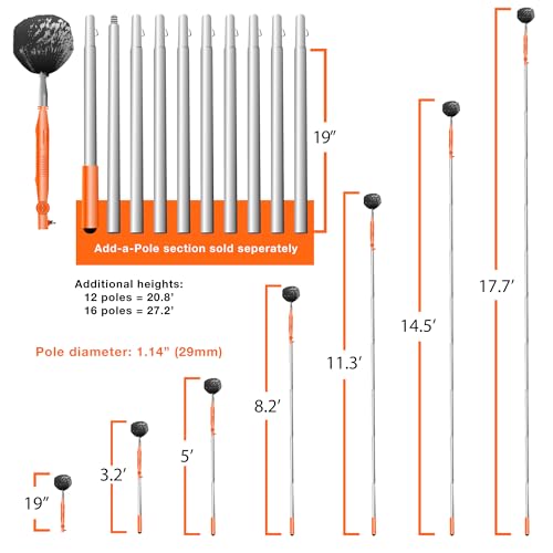 EZ Smart Powered Cobweb & Ceiling Fan Duster with 16ft Rigid Extension Pole – Adjustable Arm, Removable Washable Head, Interior & Exterior Use – Handheld or Pole-Mounted Cleaning Tool - size: Cobweb Duster Extension Pole Kit