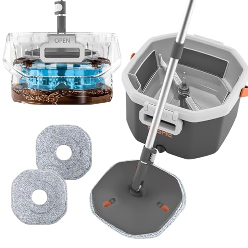 YASHE Spin Mop and Bucket Set with Wringer, True Clean Water Separation Mop Bucket System with Detachable Inner Bucket, Hands-Free Floor Mop with 2 Washable Microfiber Pads
