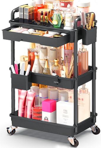 SUNALLY Makeup Cart Organizer with Drawers, Floor Skincare Organizers Vanity Storage Organizer, Rolling Makeup Bathroom Storage Cart Cosmetics Display Cases for Skin Care Perfume Nail Polish, Black - color: Black, size: 3 Tier