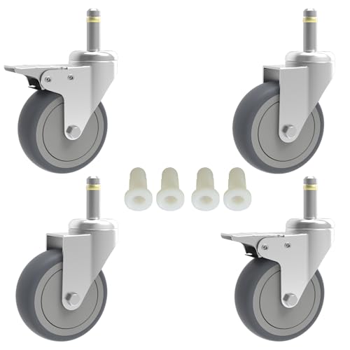 RILIDRI 3-Inch Swivel Stem Caster, 7/16-Inch Stem Diameter Rubber Wheel, Heavy Duty TPR Replacement Wheels for Rubbermaid Mop Bucket Cart Grill Casters - 4 Pack (2 Brakes 2 Swivel) - style: 3 Inch-175LB (2 Double Brakes)