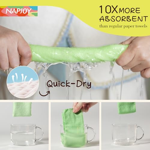 Napjoy Microfiber Cleaning Cloth Roll, 75PK Easy Tear Away Reusable Paper Towels, 12" x 12", Lint-Free and Scratch-Free with Patented Fiber Technology Microfiber Towel Roll, Green - color: Green