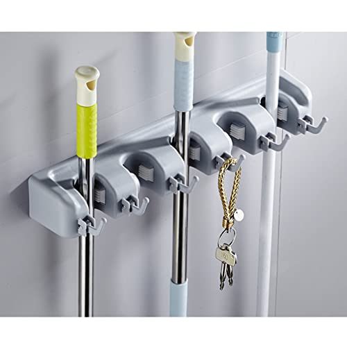 LIFKOME Waterproof Wall Broom Holder Sturdy Mop Brush Hanger Non-slip Design 5 Positions 6 Hooks for Home Use - color: Light Grey