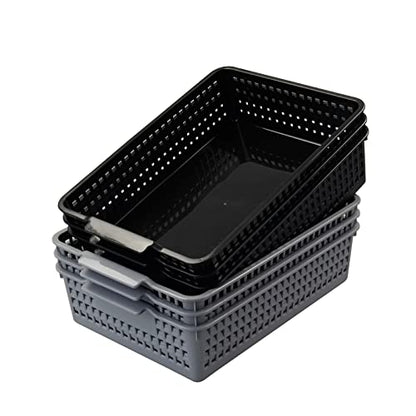 6 Pack Plastic Flat Storage Basket (3 Black + 3 Gray), Plastic Paper Storage Basket Tray for Office Documents, Magazines, Kitchen, Bathroom
