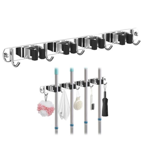 Upgrade Broom Holder Wall Mount, 304 Stainless Steel Mop & Broom Storage Organizer with Hooks, Self-Adhesive or Screw Install for Bathroom Garage Kitchen (Black, 4 Racks and 5 Hooks) - color: Black, size: 4 Racks and 5 Hooks