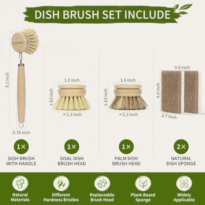 5 PCS Bamboo Dish Brush with Handle Set - Natural Dish Scrubber Brush with 3 Replacement Brush Heads and 2 Dish Sponges for Cleaning Dishes, Pans, Pot, Fruit and Veggie