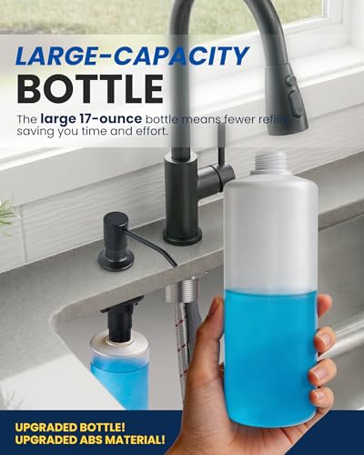 Built in Kitchen Sink Soap Dispenser: Stainless Steel Pump Head with 17 Ounce Large Soap Bottle, Easy Top Refill Design – No Bending Down for Countertop, Matte Black - color: Matte Black