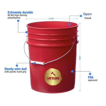 5 Gallon Food Grade Plastic Bucket, Open Head Pail with Handle, 12-3/8 in Diameter x 14-3/4 in Height (Red, 2 Pack) - color: Red, size: 2 Pack