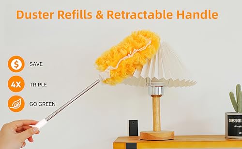 Heavy Duty Duster Refills, Disposable Dusters Kit for Cleaning Dusting Furniture Blind Ceiling Fan, Multi Surface 360 Feather Duster(10)+3FT Extended Handle（1） (Orange) - color: Orange