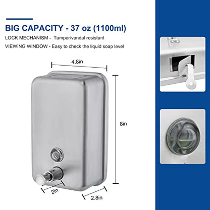 Commercial Wall Mount Stainless Steel Soap Dispenser, Corrosion Proof Lining Liquid Hand Sanitizer Dispenser Bathroom 1100ml / 37oz. (Vertical) - size: Vertical