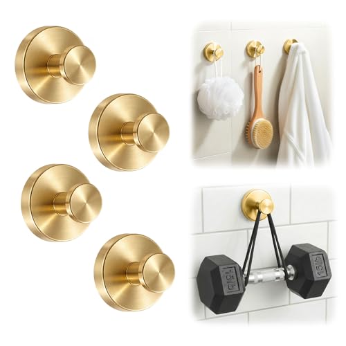 Upgraded Suction Cup Hooks for Shower, Heavy Duty Removable Towel Hooks for Bathroom Glass Door Wall, Stainless Steel Shower Hooks for Towel & Loofah (4 Pack, Gold) - color: Gold, size: 4 Pack