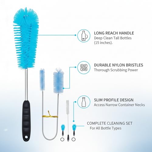 Long Handle Bottle Cleaning Brush for Narrow Neck Containers, Durable Nylon Bristles, Blue - size: 14.57 x 4.72 x 1.18 in