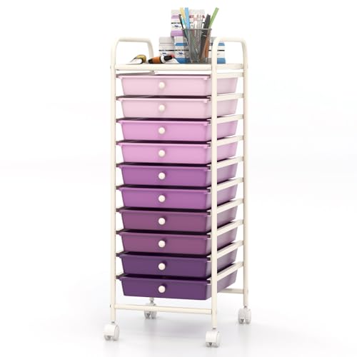 COSTWAY 10-Drawer Rolling Storage Cart, Utility Mobile Trolley with Removable Drawers & Universal Casters & 2 Brakes, Versatile Flexible Drawer Organizer Cart for Home, Office, Purple Gradient - color: Purple Gradient, size: 13"L x 15"W x 34"H (10 Drawer)