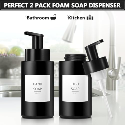 RYTOXILO Matte Black Foaming Hand Soap Dispenser, 10 oz/300ml Glass Foam Dispenser, 2 Pcs Foaming Soap Dispenser for Bathroom, Black Refillable Pump with Waterproof Labels - color: Black Bottle, size: 10 Fl oz