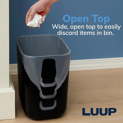 STORi Luup Trash Can (Black) - Reuse Grocery Bags - Plastic Garbage Container for Bathroom, Vanity, Laundry Room, Kitchen, Office, Garage - 2.5 Gallon Wastebasket with Hooks to Secure Trash Bags - color: Black