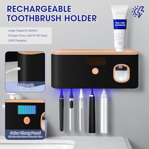 Smart Toothbrush Holder for Bathroom with Toothpaste Dispenser, USB Charging with 5 Toothbrush Slots for Family (Black) - color: Black