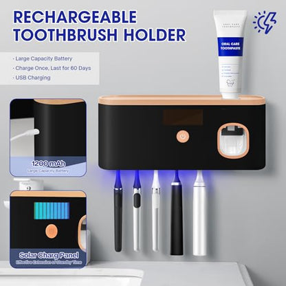 Smart Toothbrush Holder for Bathroom with Toothpaste Dispenser, USB Charging with 5 Toothbrush Slots for Family (Black) - color: Black