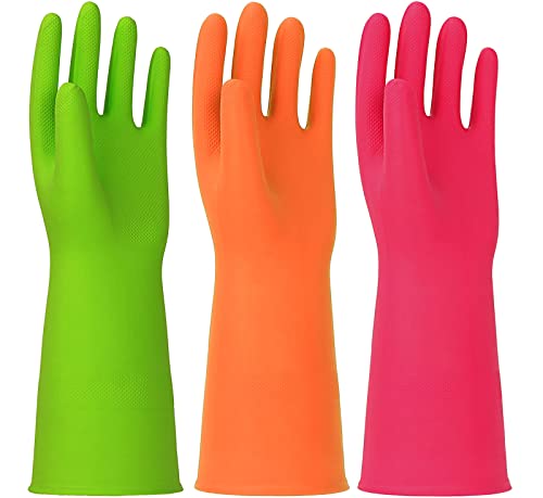 3 Pairs Rubber Cleaning Gloves Latex Free Dishwashing Gloves - 13" Reusable Nitrile Gloves Medium, Green+Orange+Red - color: Green+orange+red, size: Medium