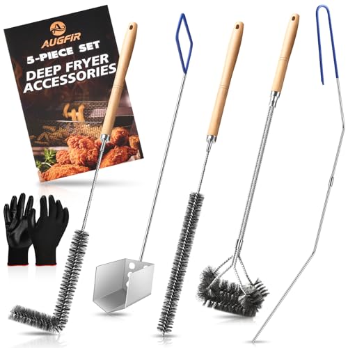 Fryer Cleaning Tool 5 Piece Set, Deep Fryer Basket Brush, Long Handle L-Shaped & Straight Crevice Cleaning Brush, Cleanout Rod Kit and V-Shaped Strainer Scoop for Restaurant, Kitchen Maintenance - style: 5 Pack