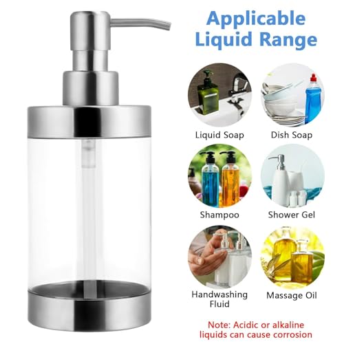 Dish Soap Dispenser Stainless Steel Case Acrylic Liner Hand Pump Dispenser Shatterproof and Leakproof Refillable Liquid Hand Soap Dispenser for Bathroom & Kitchen (10OZ/300ML)